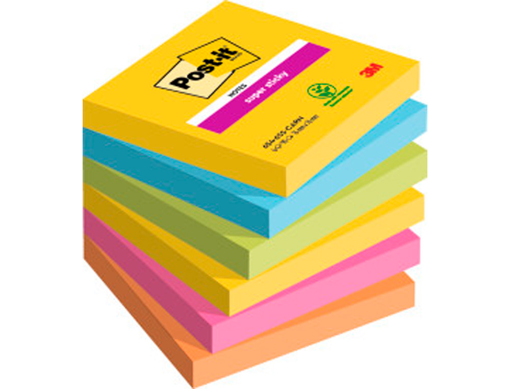 BLOC DE NOTAS ADHESIVAS QUITA Y PON POST-IT SUPER STICKY 76X76 MM CON 90 HOJAS PACK DE 6 BLOC COLORES SURTIDOS