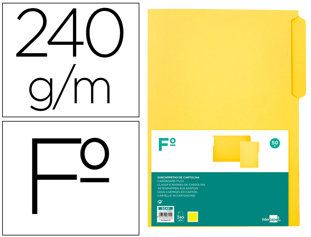 SUBCARPETA CARTULINA LIDERPAPEL FOLIO PESTAA SUPERIOR 240G/M2 AMARILLO